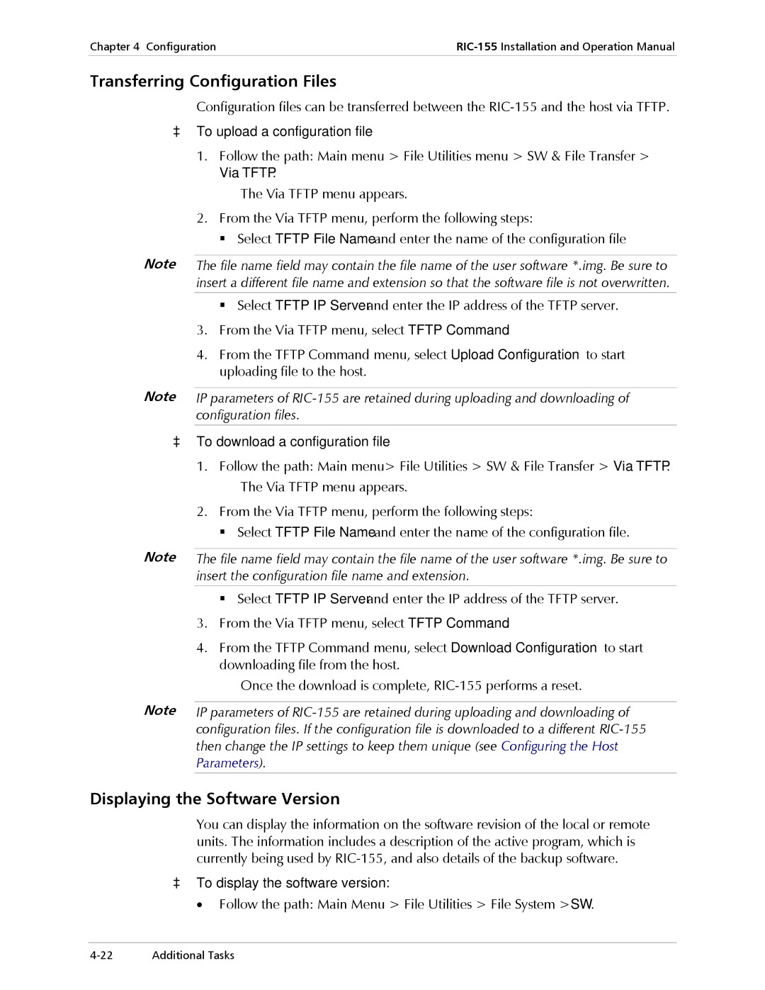 RAD Data comm RIC-155 Transferring Configuration Files, Displaying the Software Version, To upload a configuration file 