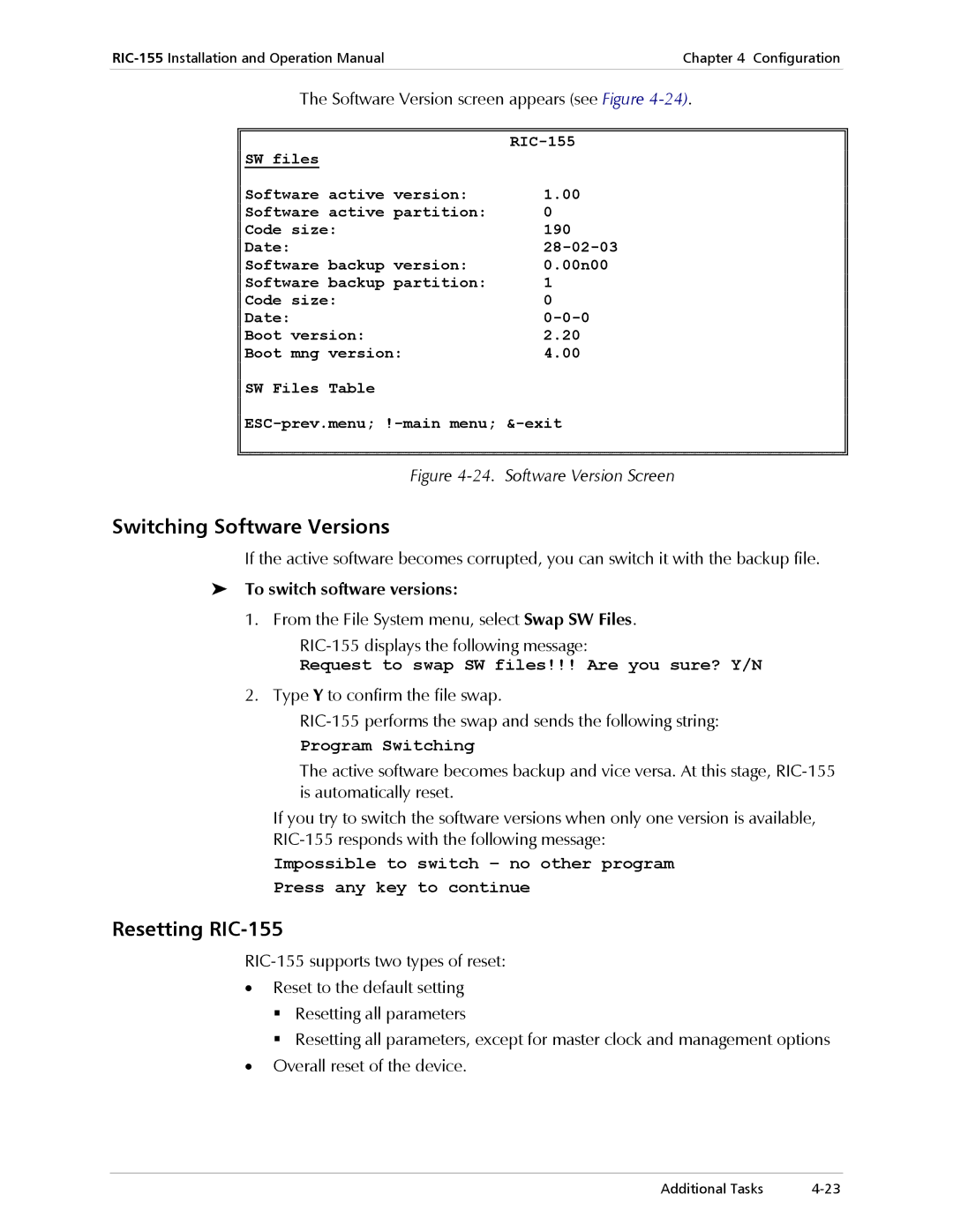 RAD Data comm operation manual Switching Software Versions, Resetting RIC-155, To switch software versions 