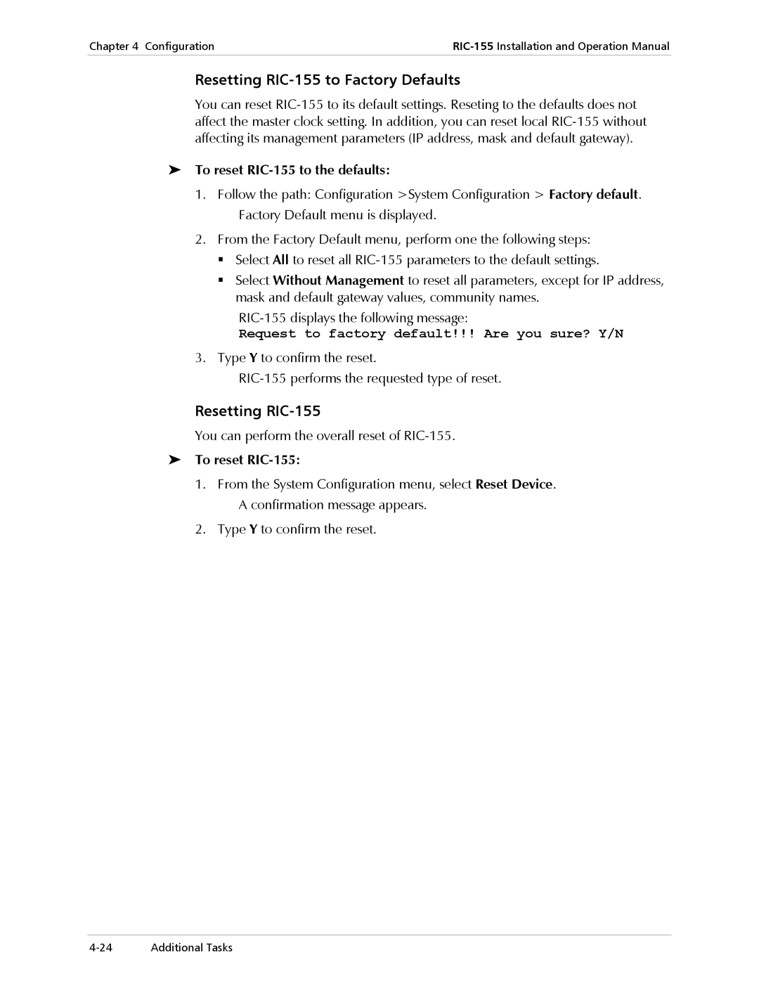 RAD Data comm operation manual Resetting RIC-155 to Factory Defaults, To reset RIC-155 to the defaults 