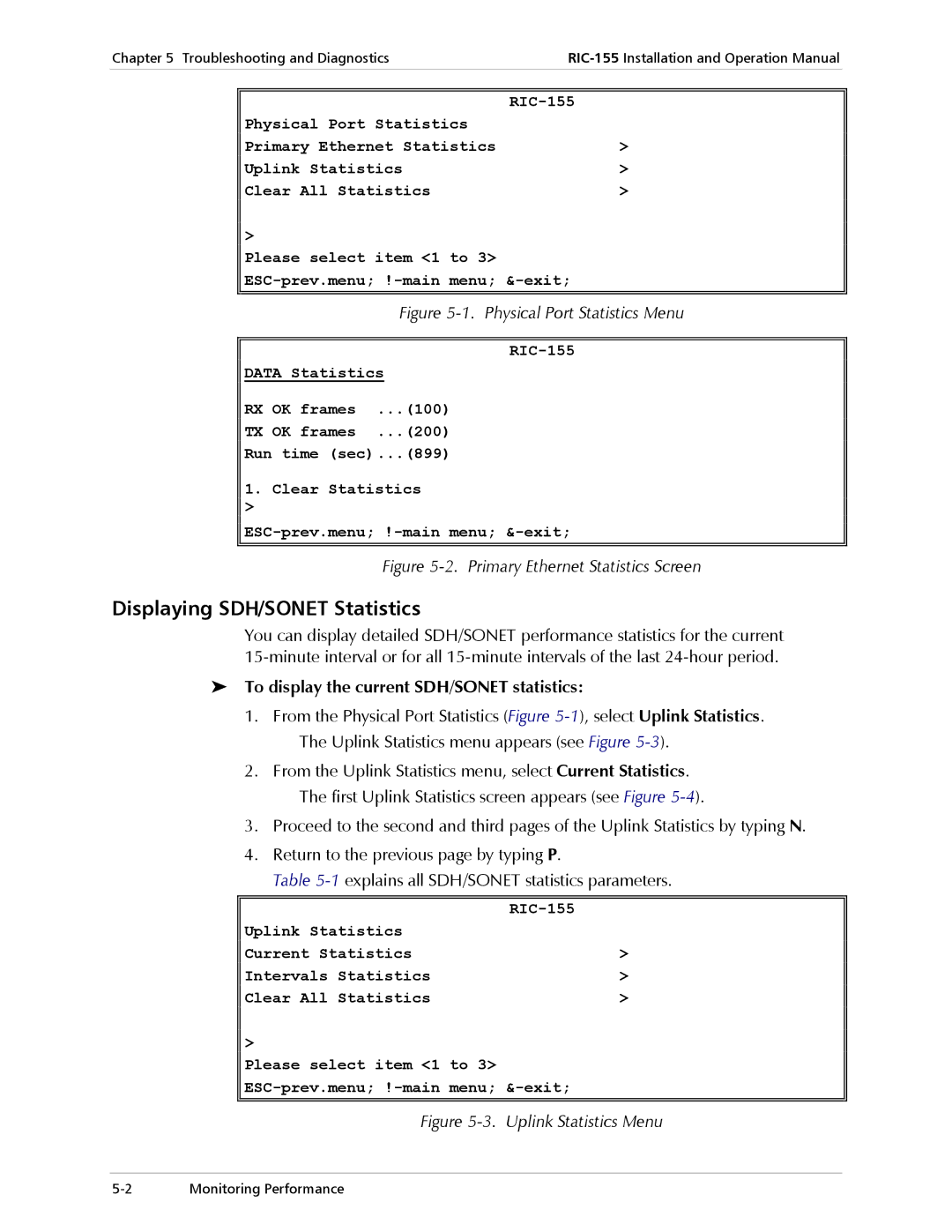 RAD Data comm RIC-155 operation manual Displaying SDH/SONET Statistics, To display the current SDH/SONET statistics 