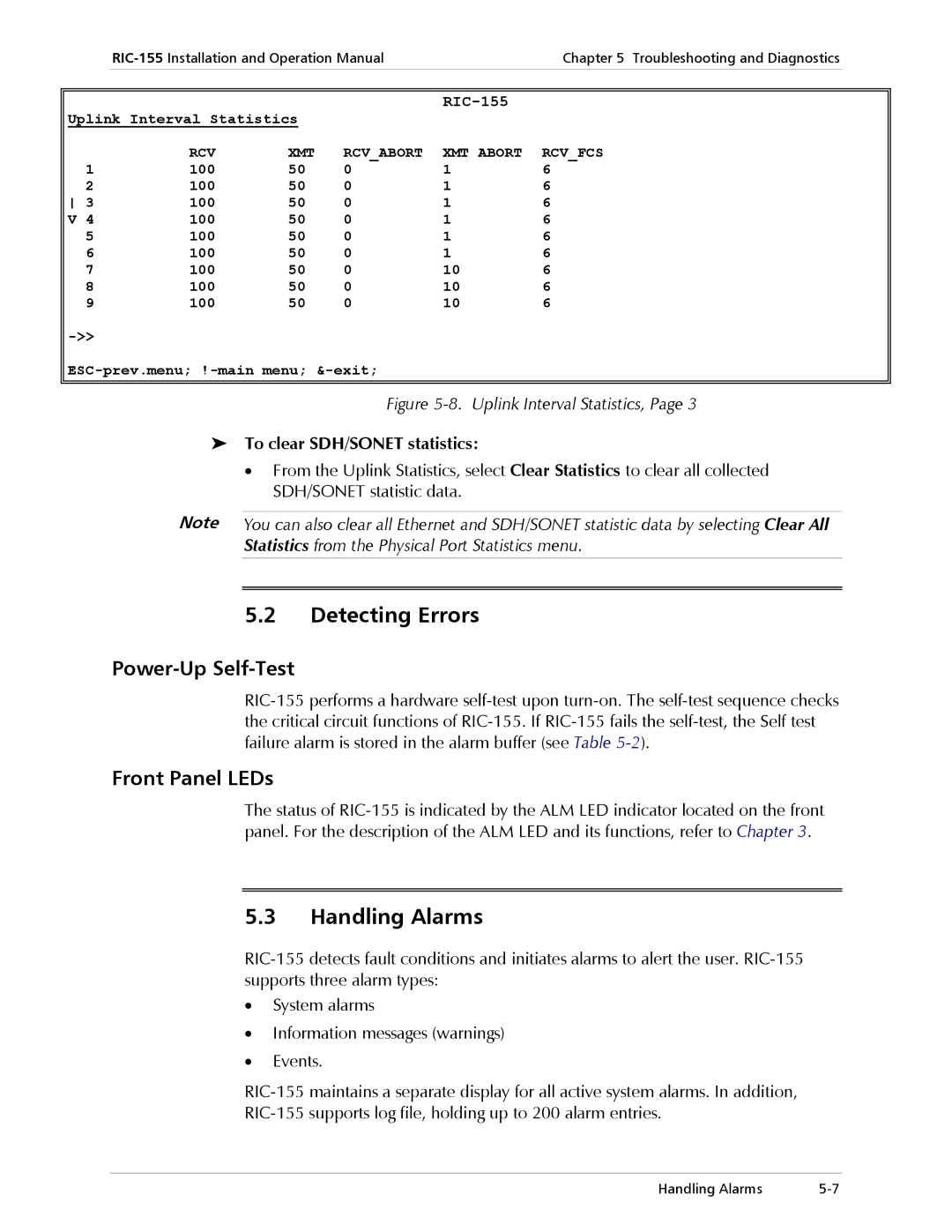 RAD Data comm RIC-155 operation manual Detecting Errors, Handling Alarms, Power-Up Self-Test, Front Panel LEDs 