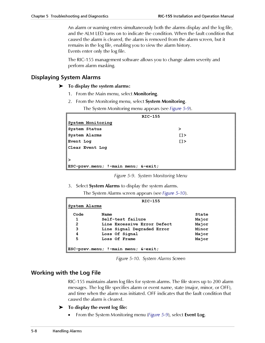 RAD Data comm RIC-155 operation manual Displaying System Alarms, Working with the Log File, To display the system alarms 