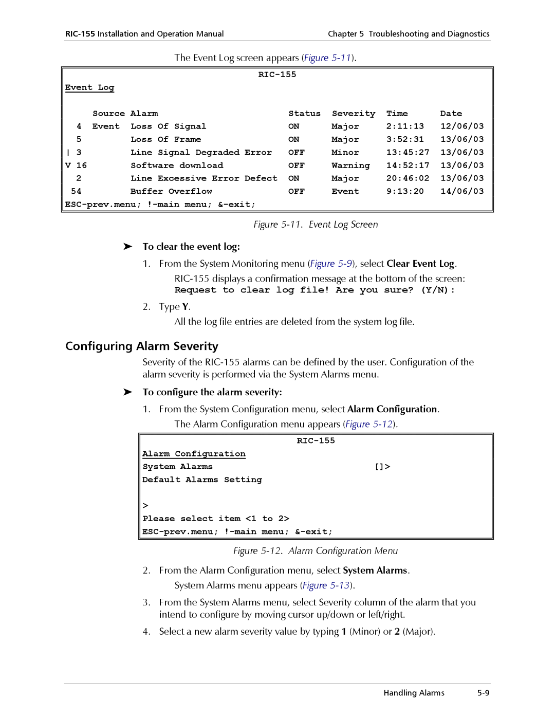 RAD Data comm RIC-155 operation manual Configuring Alarm Severity, To clear the event log, To configure the alarm severity 