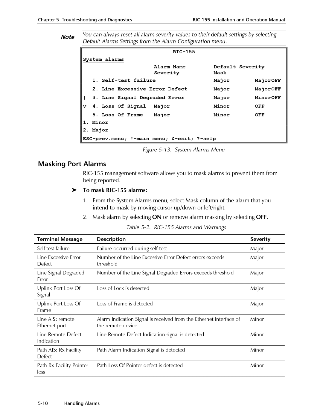 RAD Data comm operation manual Masking Port Alarms, To mask RIC-155 alarms, RIC-155 Alarms and Warnings 