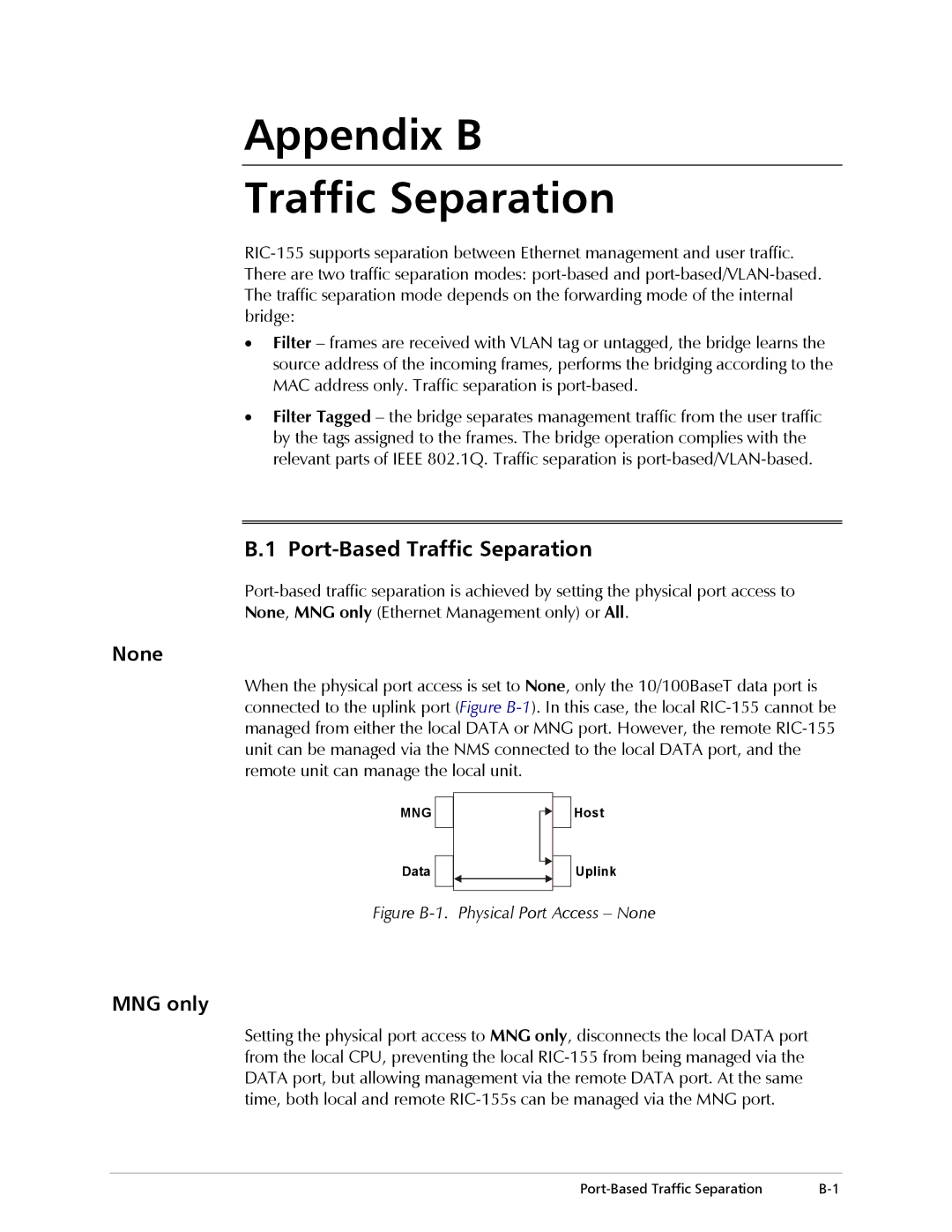 RAD Data comm RIC-155 operation manual Appendix B Traffic Separation, Port-Based Traffic Separation, None, MNG only 