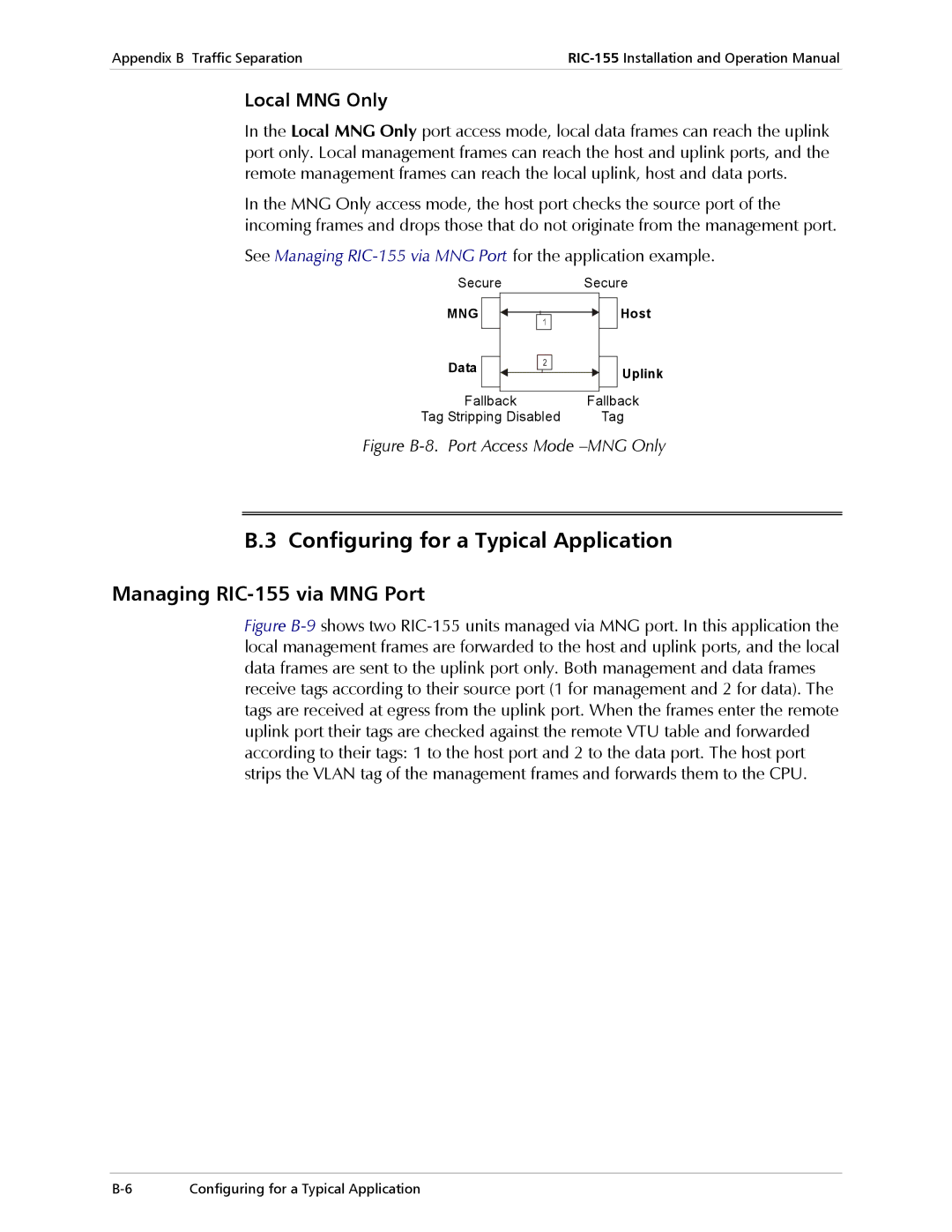 RAD Data comm operation manual Configuring for a Typical Application, Managing RIC-155 via MNG Port, Local MNG Only 