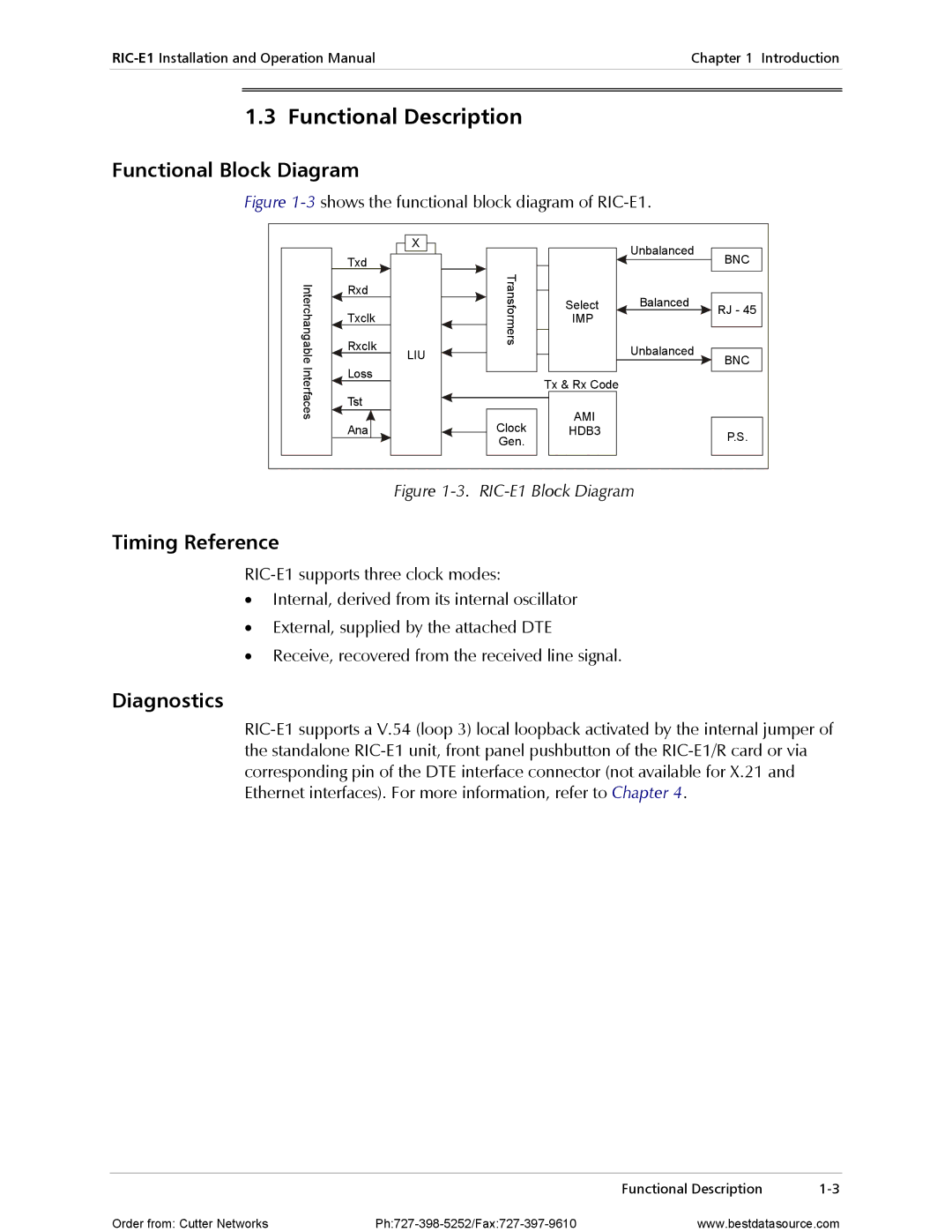 RAD Data comm RIC-E1 operation manual Functional Description, Functional Block Diagram, Timing Reference, Diagnostics 