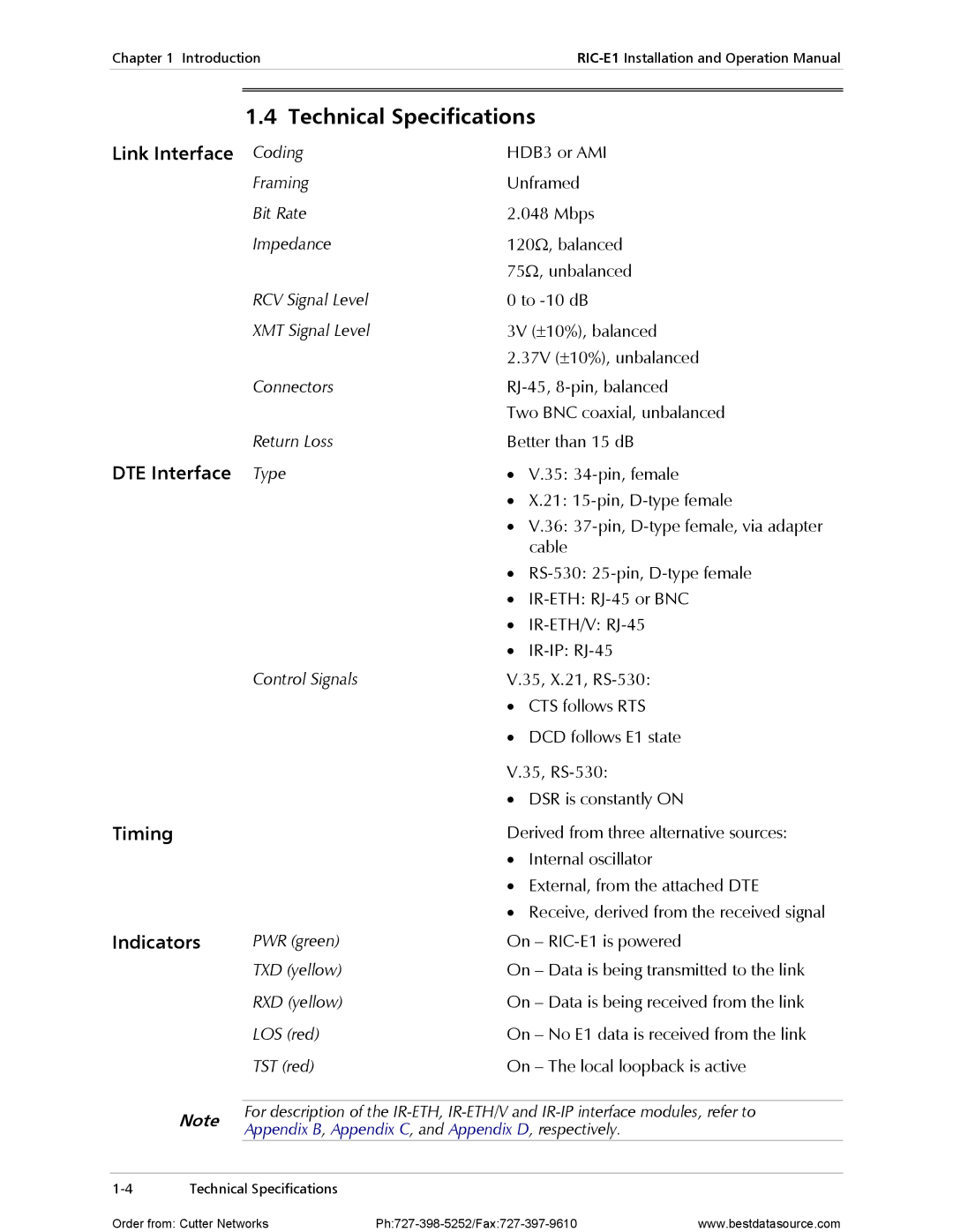 RAD Data comm RIC-E1 operation manual Technical Specifications, Derived from three alternative sources, Internal oscillator 