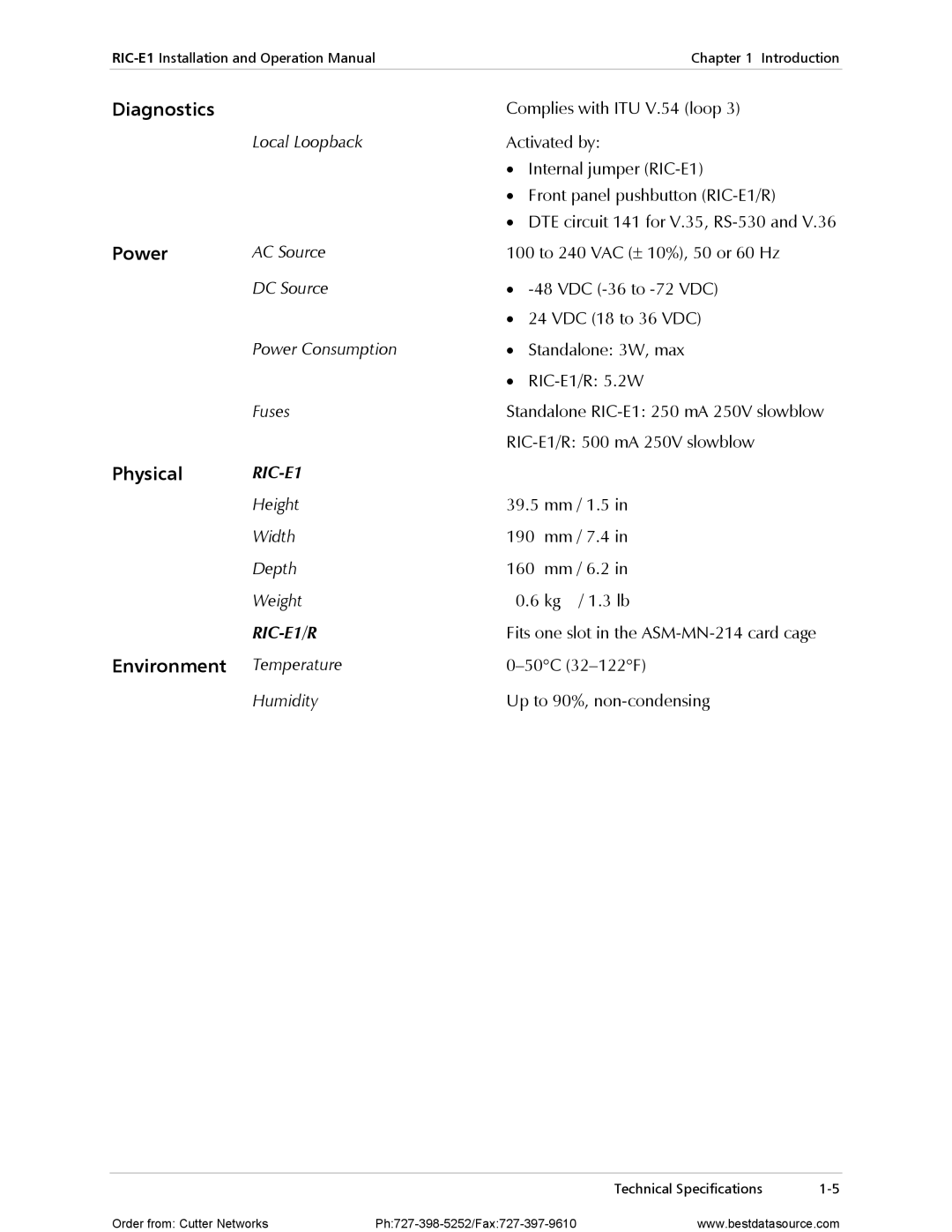 RAD Data comm RIC-E1 operation manual Diagnostics, Power, Physical, Environment 