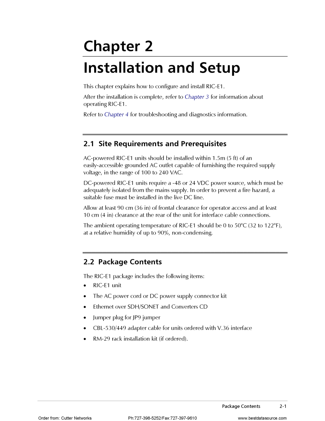 RAD Data comm RIC-E1 operation manual Chapter Installation and Setup, Site Requirements and Prerequisites, Package Contents 