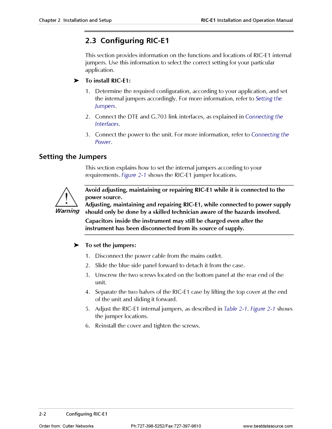 RAD Data comm operation manual Configuring RIC-E1, Setting the Jumpers, To install RIC-E1, To set the jumpers 