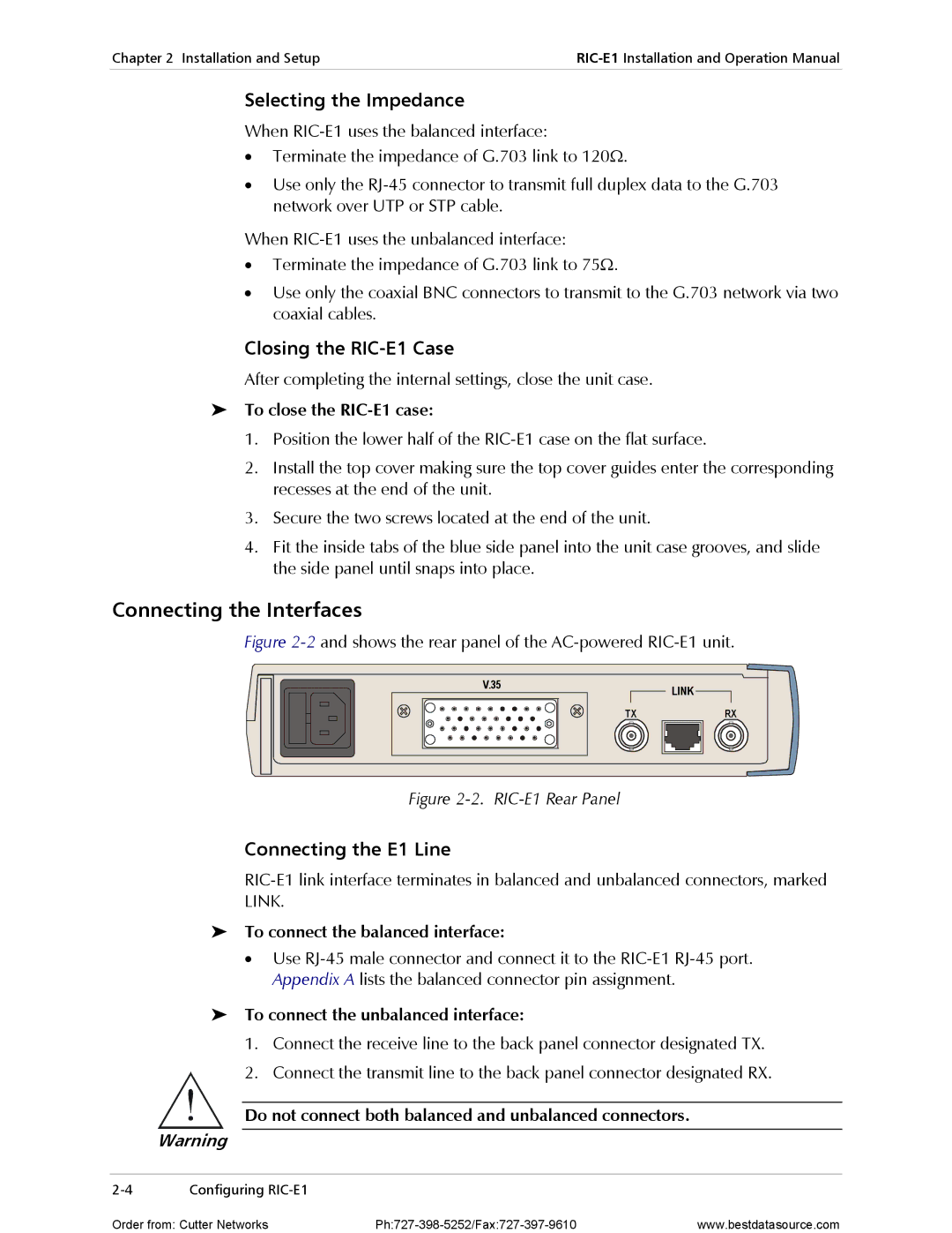 RAD Data comm Connecting the Interfaces, Selecting the Impedance, Closing the RIC-E1 Case, Connecting the E1 Line 