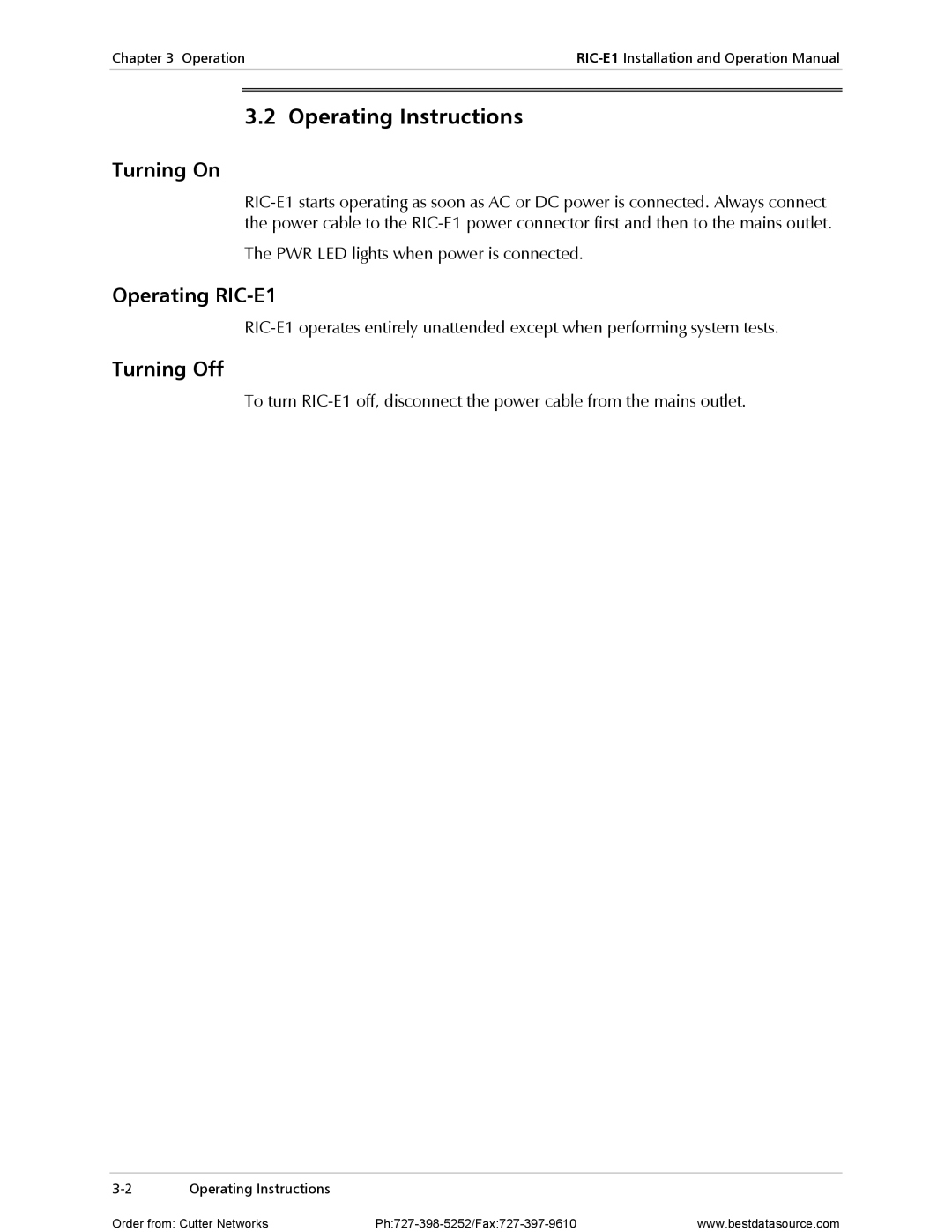 RAD Data comm operation manual Operating Instructions, Turning On, Operating RIC-E1, Turning Off 