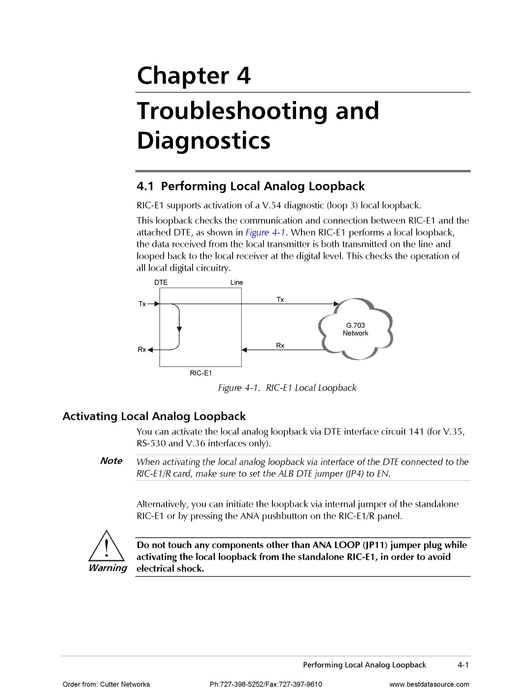 RAD Data comm RIC-E1 operation manual Chapter Troubleshooting Diagnostics, Performing Local Analog Loopback 