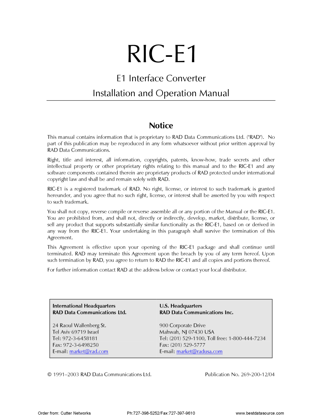 RAD Data comm RIC-E1 operation manual International Headquarters RAD Data Communications Inc 