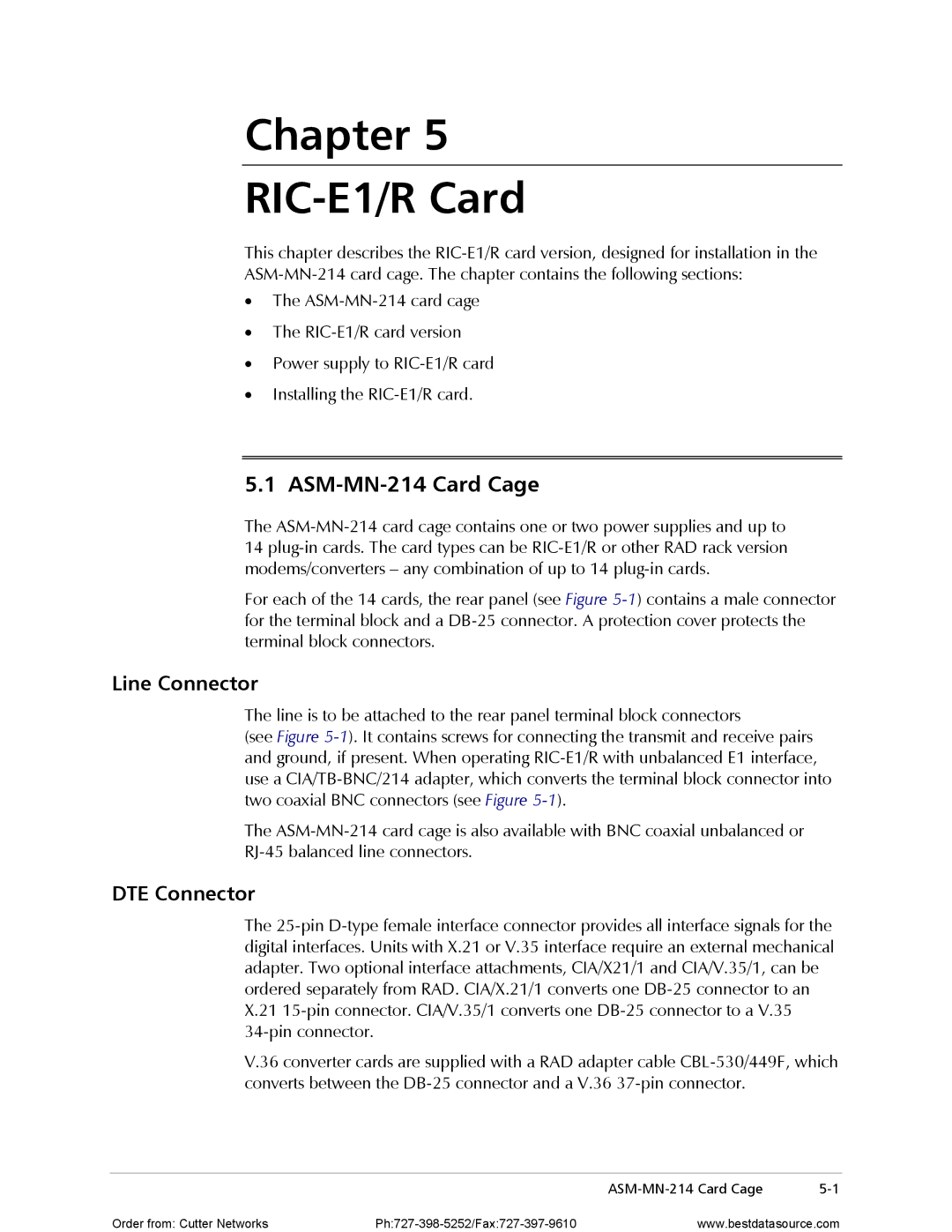 RAD Data comm operation manual Chapter RIC-E1/R Card, ASM-MN-214 Card Cage, Line Connector, DTE Connector 