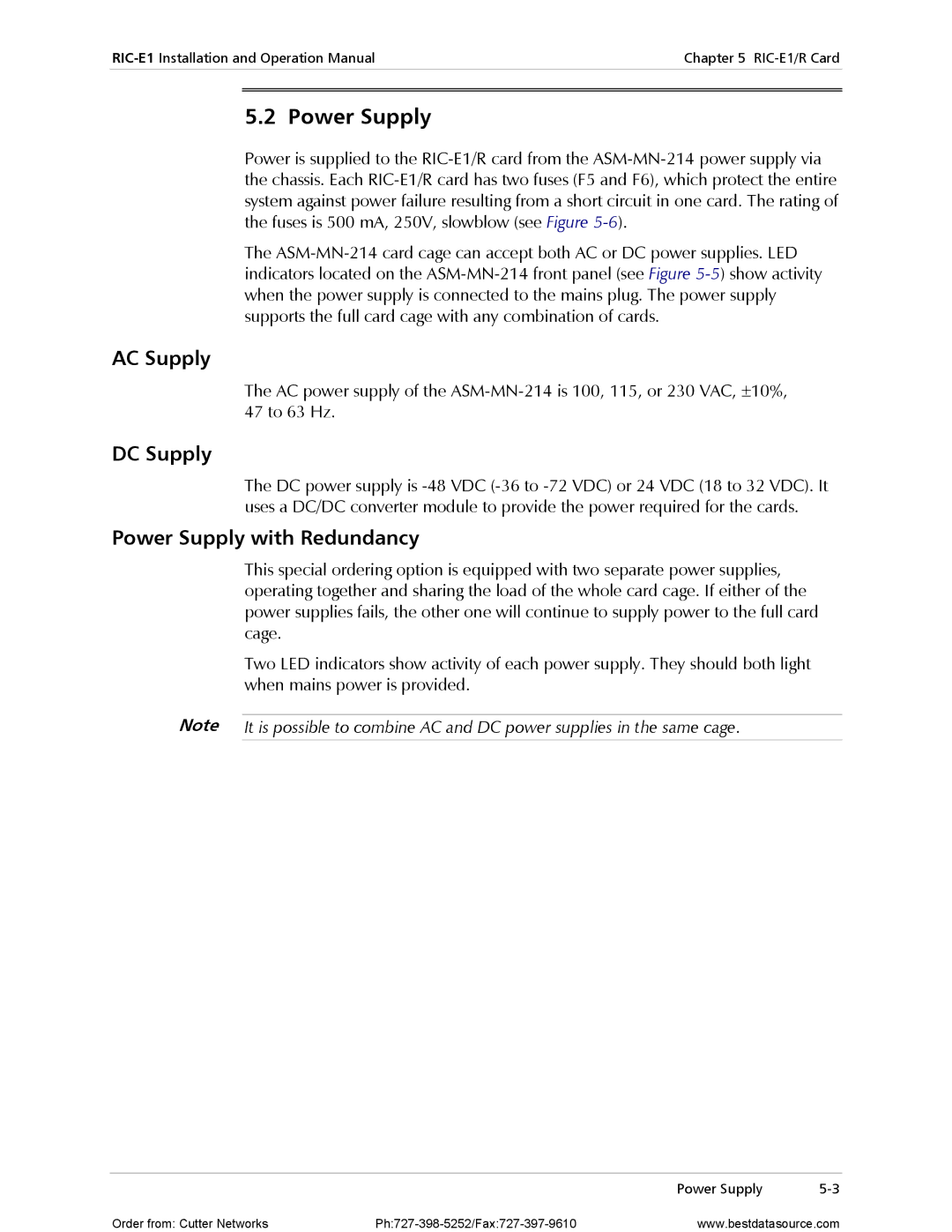 RAD Data comm RIC-E1 operation manual AC Supply, DC Supply, Power Supply with Redundancy 