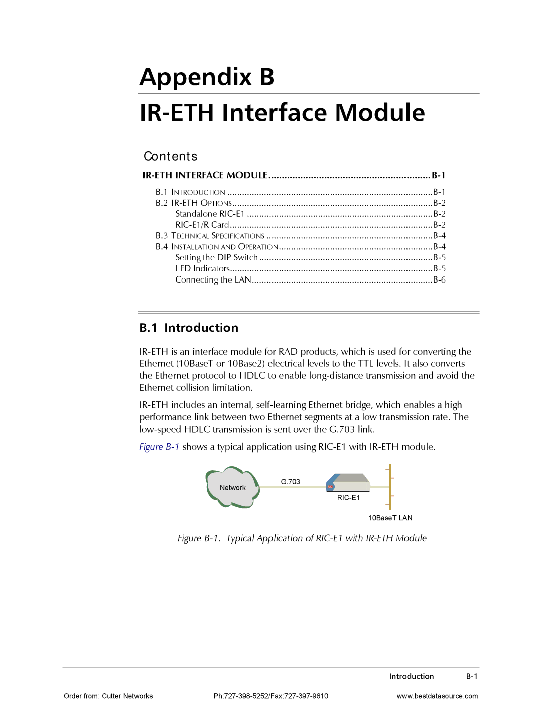 RAD Data comm RIC-E1 operation manual Appendix B IR-ETH Interface Module, Contents, Introduction 