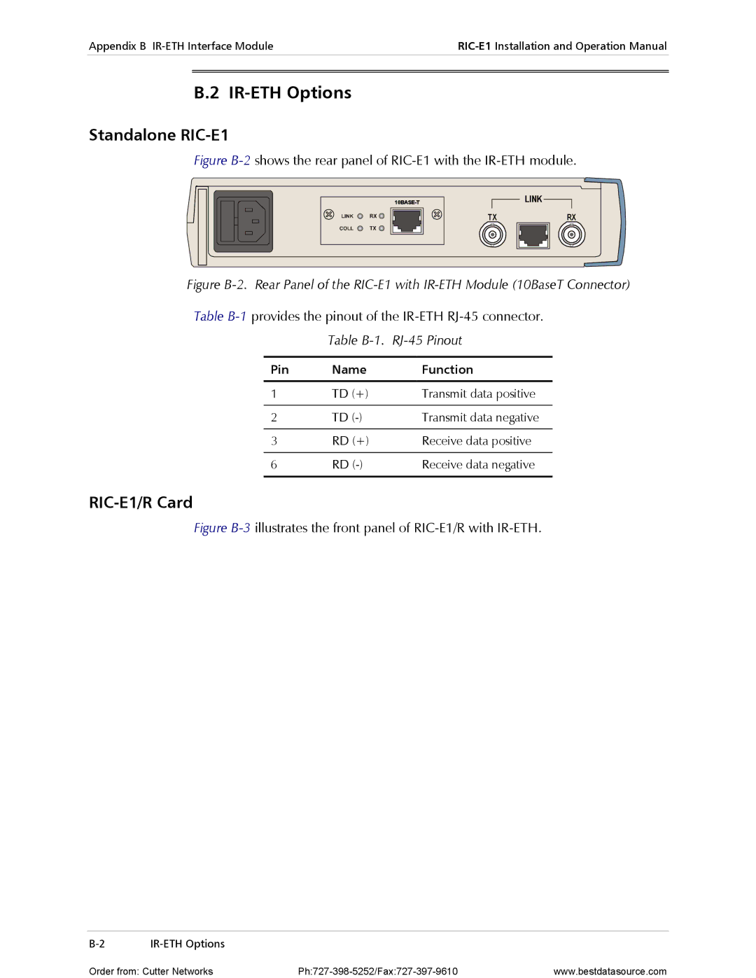 RAD Data comm IR-ETH Options, Standalone RIC-E1, RIC-E1/R Card, Table B-1. RJ-45 Pinout, Pin Name Function 