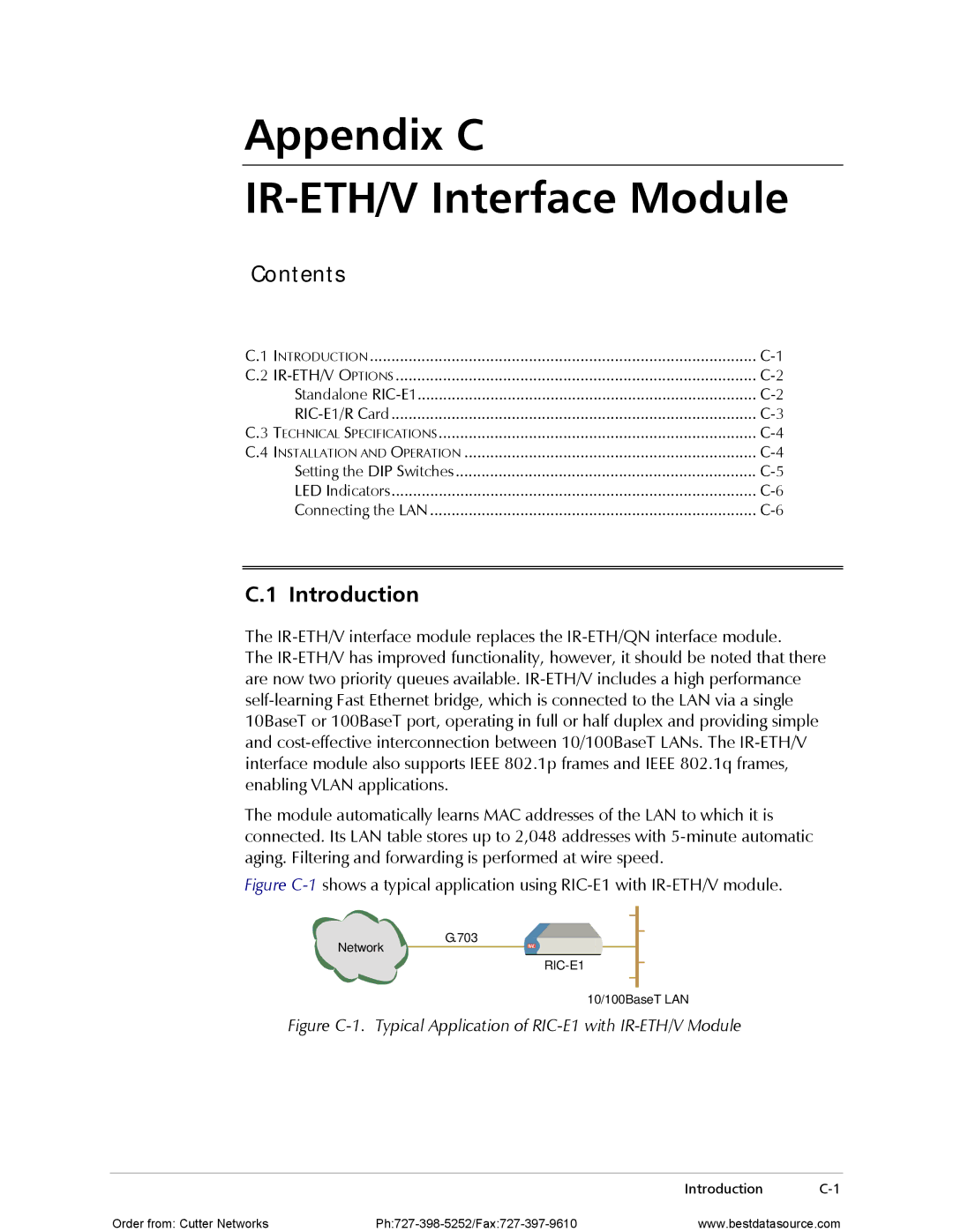 RAD Data comm RIC-E1 operation manual Appendix C IR-ETH/V Interface Module, Contents 