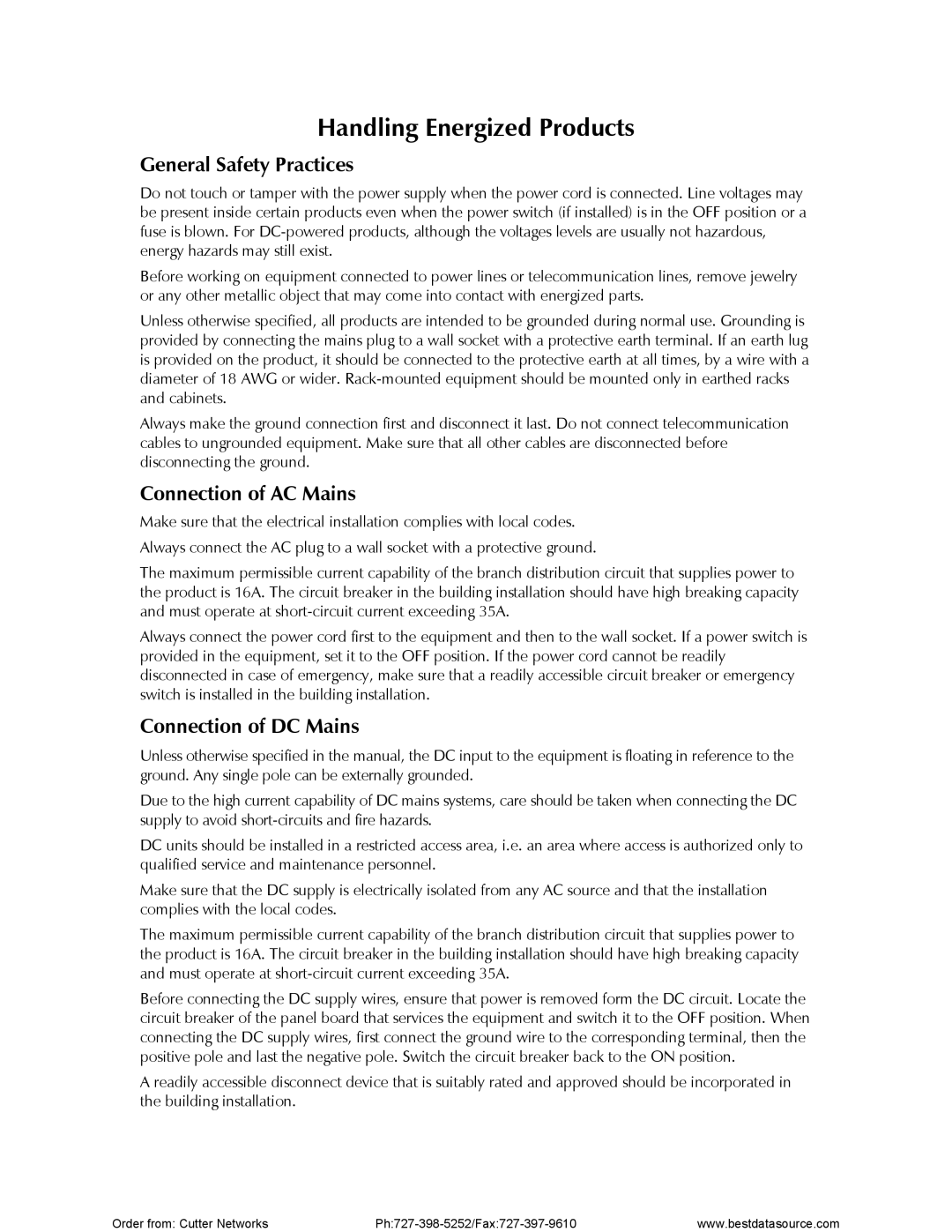 RAD Data comm RIC-E1 operation manual General Safety Practices, Connection of AC Mains, Connection of DC Mains 