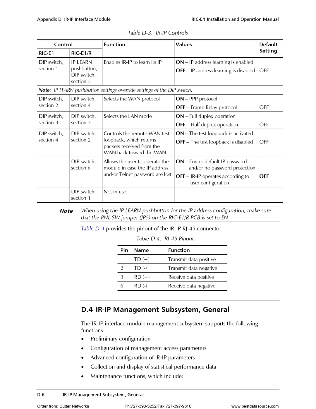 RAD Data comm RIC-E1 IR-IP Management Subsystem, General, Table D-3. IR-IP Controls, Table D-4 RJ-45 Pinout, IP Learn 