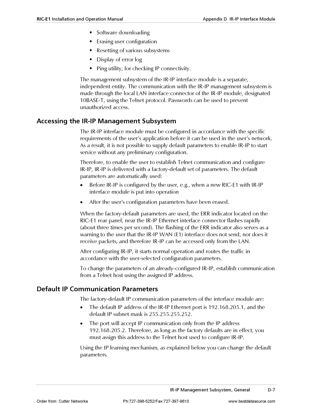 RAD Data comm RIC-E1 operation manual Accessing the IR-IP Management Subsystem, Default IP Communication Parameters 