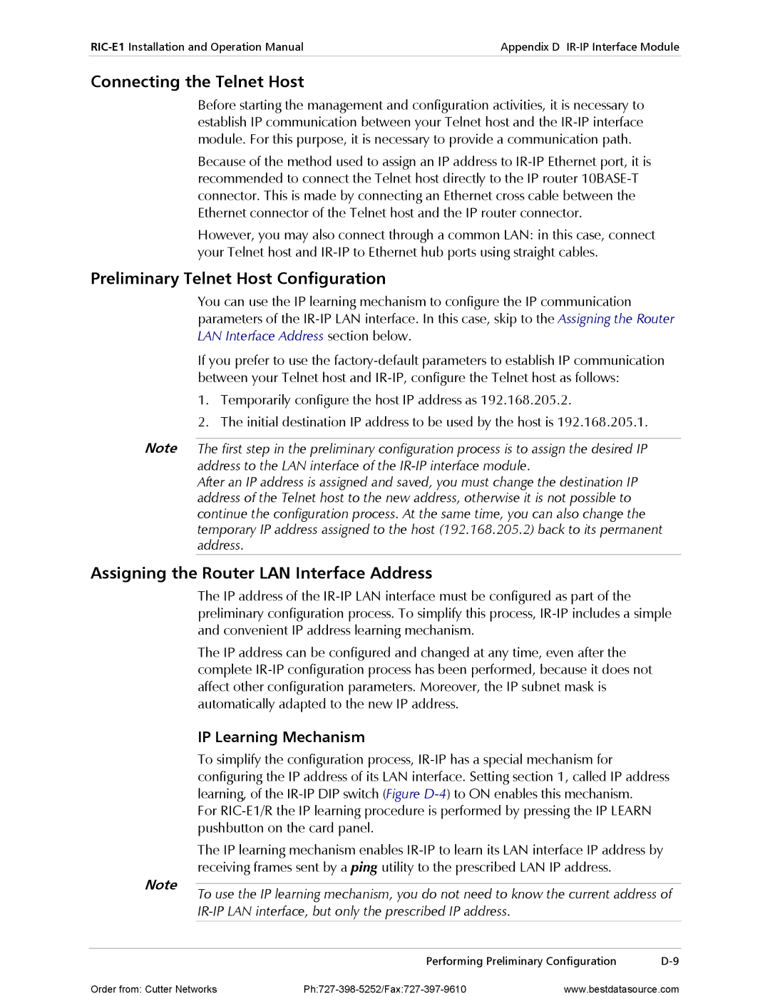 RAD Data comm RIC-E1 Connecting the Telnet Host, Preliminary Telnet Host Configuration, IP Learning Mechanism 