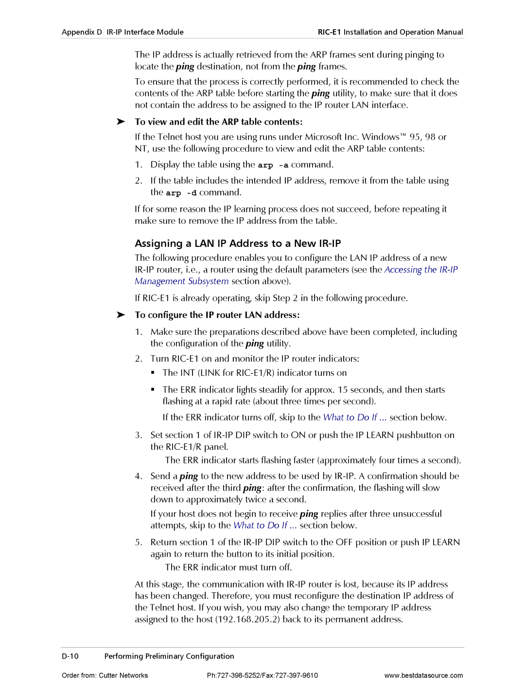 RAD Data comm RIC-E1 operation manual Assigning a LAN IP Address to a New IR-IP, To view and edit the ARP table contents 