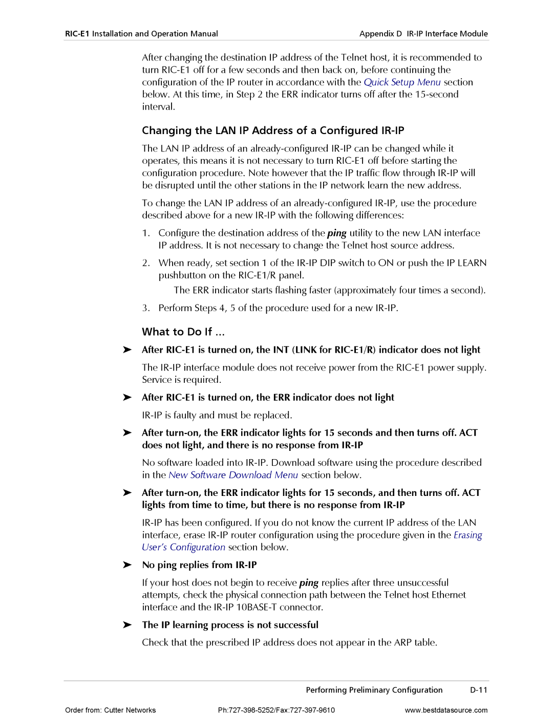 RAD Data comm RIC-E1 Changing the LAN IP Address of a Configured IR-IP, What to Do If, No ping replies from IR-IP 