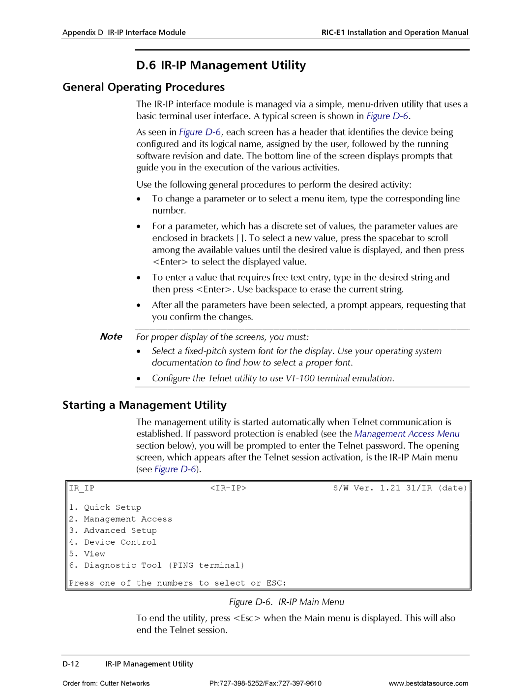 RAD Data comm RIC-E1 operation manual IR-IP Management Utility, General Operating Procedures, Starting a Management Utility 