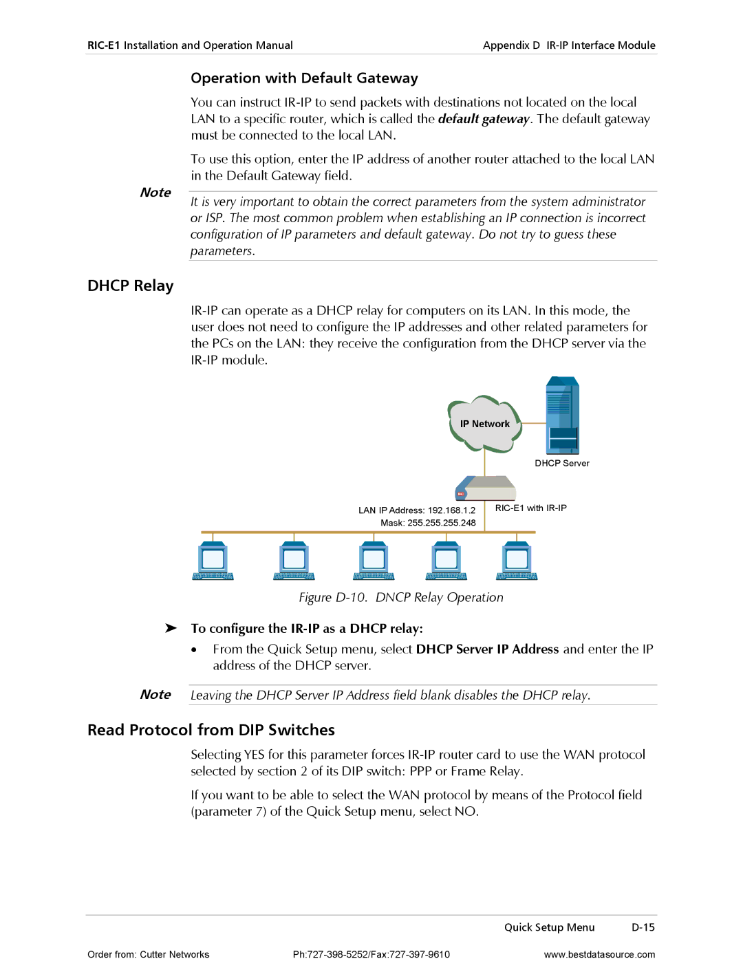 RAD Data comm RIC-E1 Dhcp Relay, Read Protocol from DIP Switches, Operation with Default Gateway, Parameters 