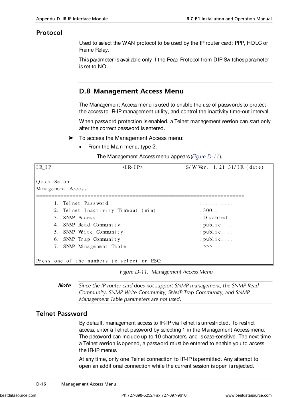 RAD Data comm RIC-E1 Management Access Menu, Protocol, Telnet Password, To access the Management Access menu 