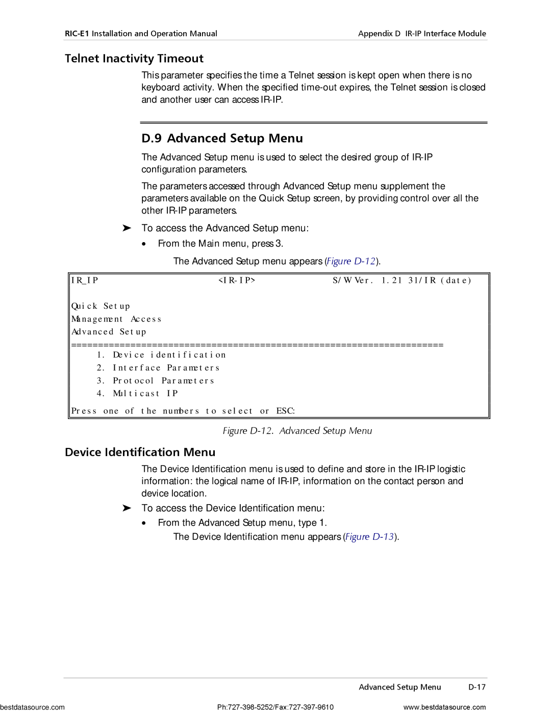 RAD Data comm RIC-E1 operation manual Advanced Setup Menu, Telnet Inactivity Timeout, Device Identification Menu 