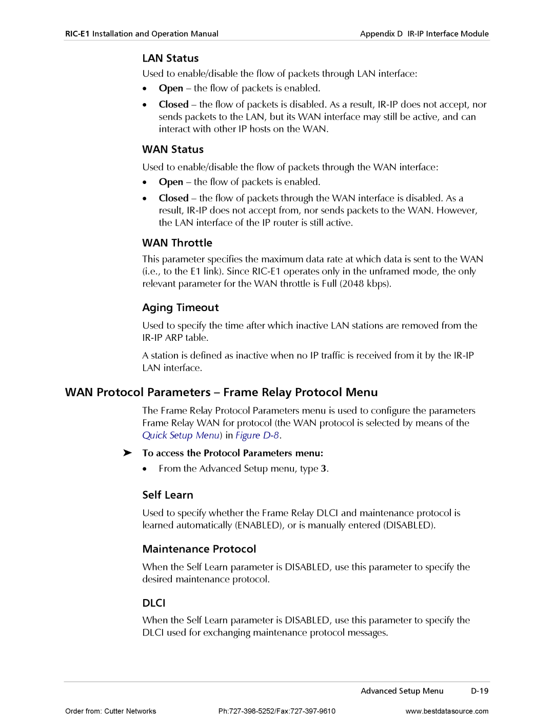 RAD Data comm RIC-E1 operation manual WAN Protocol Parameters Frame Relay Protocol Menu 