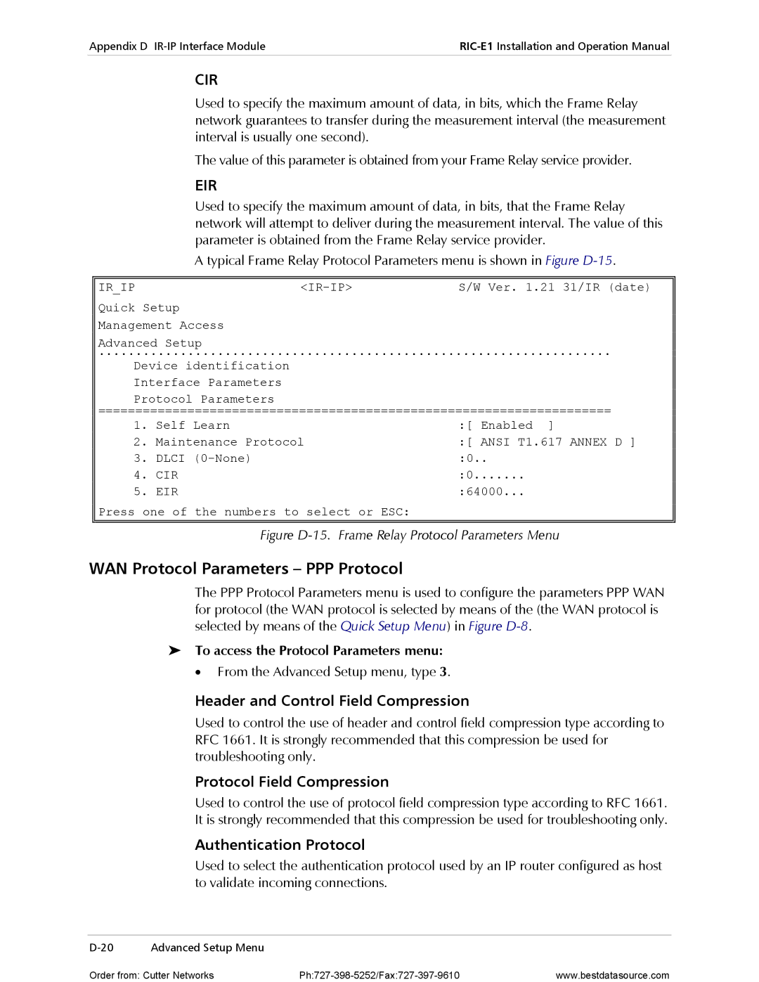 RAD Data comm RIC-E1 WAN Protocol Parameters PPP Protocol, Header and Control Field Compression, Authentication Protocol 