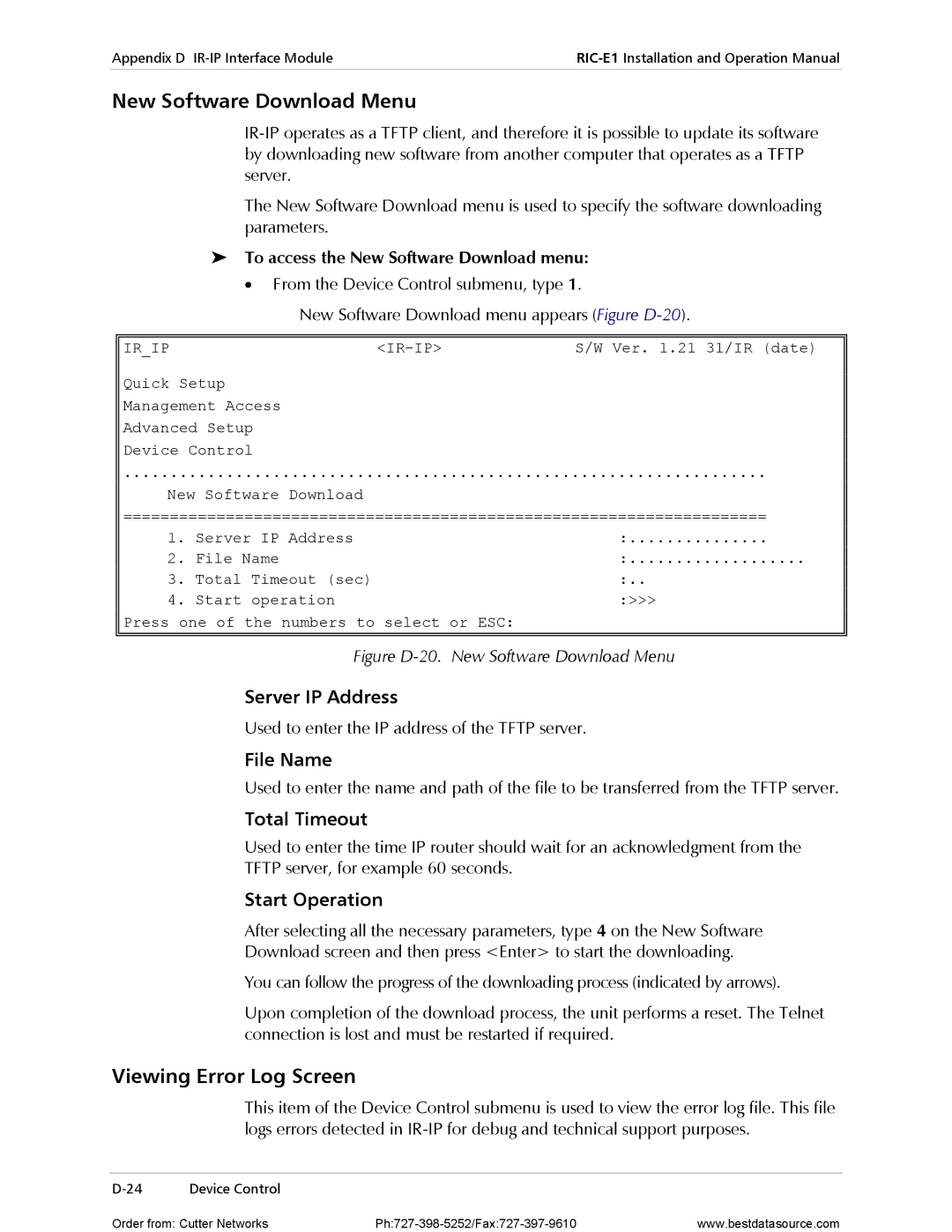 RAD Data comm RIC-E1 operation manual New Software Download Menu, Viewing Error Log Screen 