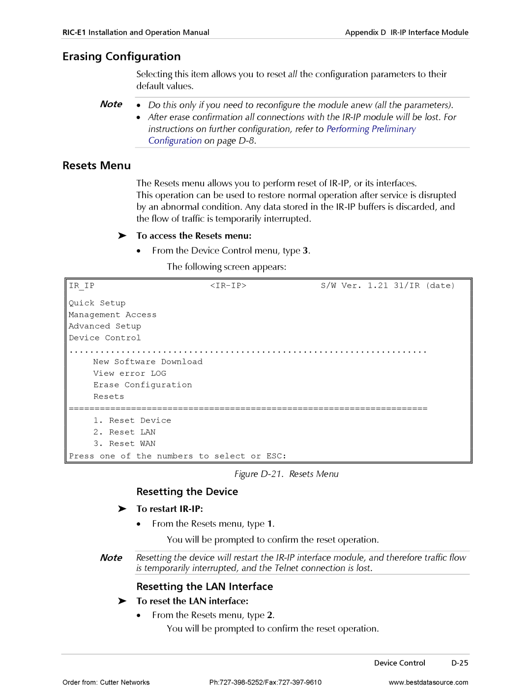 RAD Data comm RIC-E1 operation manual Erasing Configuration, Resets Menu, Resetting the Device, Resetting the LAN Interface 