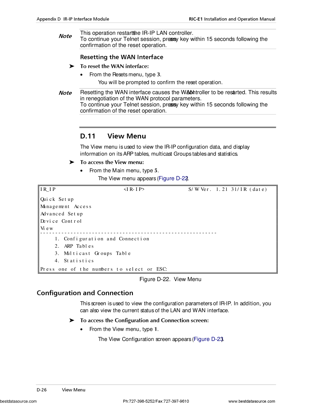 RAD Data comm RIC-E1 operation manual View Menu, Configuration and Connection, To access the View menu 