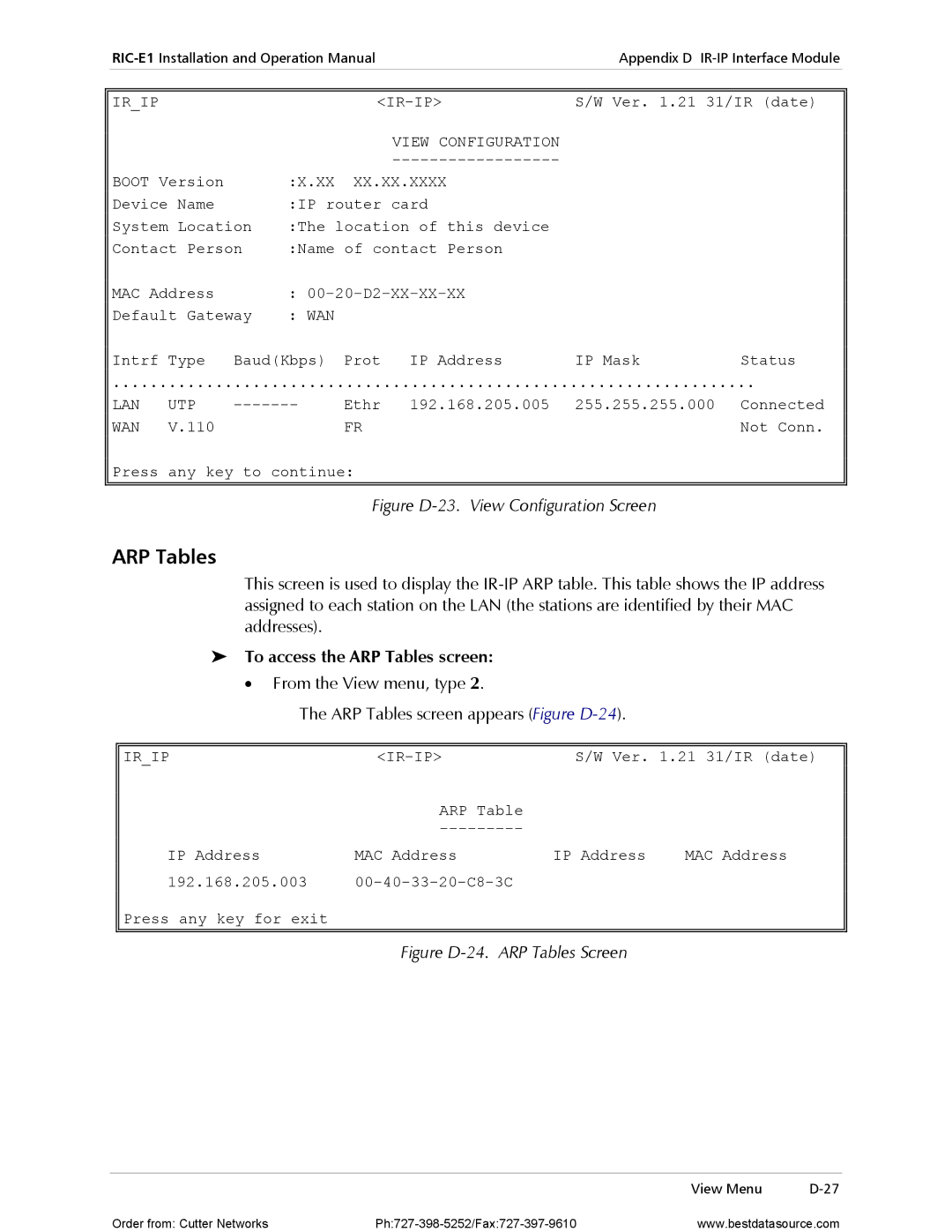 RAD Data comm RIC-E1 operation manual To access the ARP Tables screen 