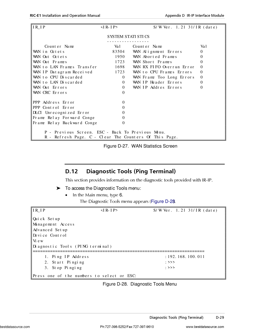 RAD Data comm RIC-E1 operation manual Diagnostic Tools Ping Terminal, To access the Diagnostic Tools menu 