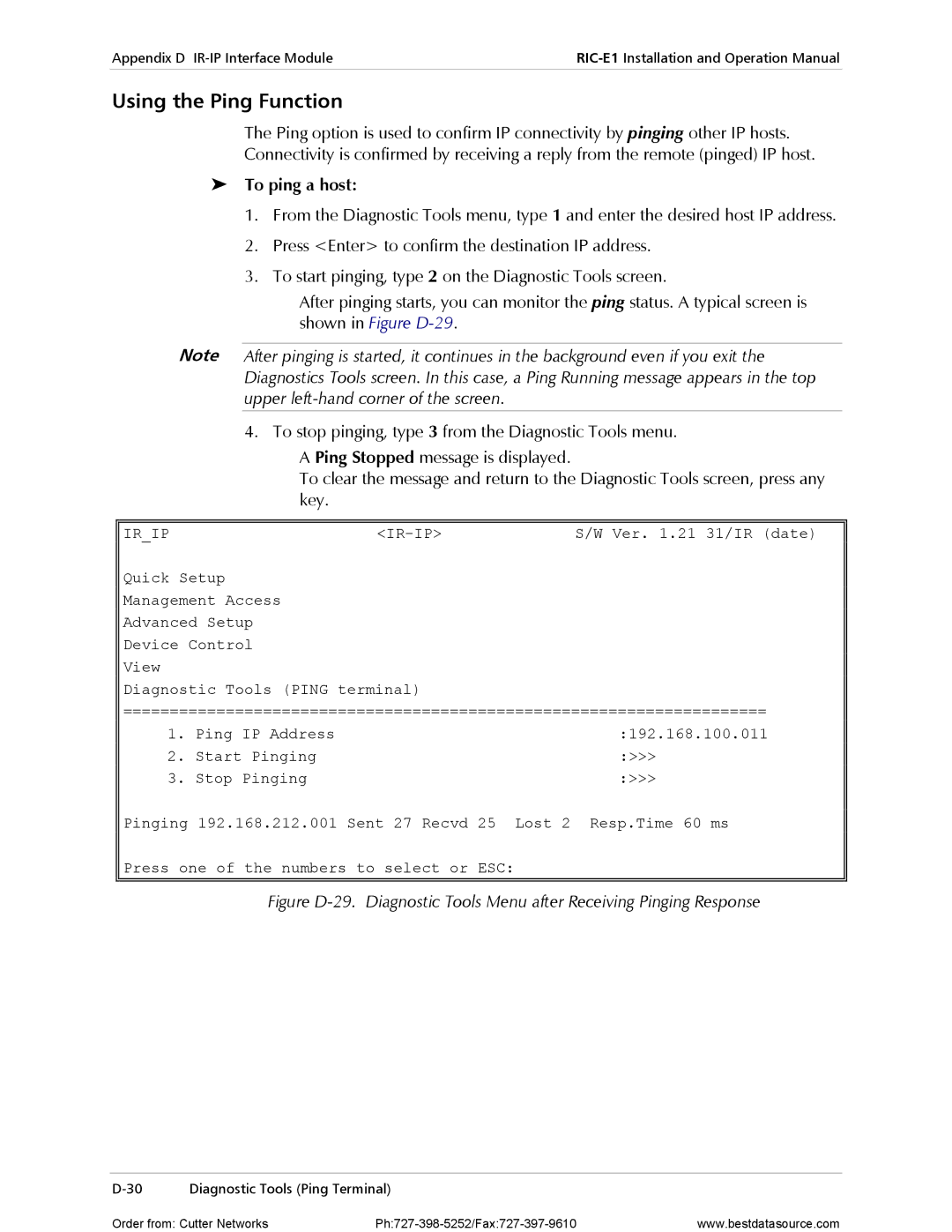 RAD Data comm RIC-E1 operation manual Using the Ping Function, To ping a host 