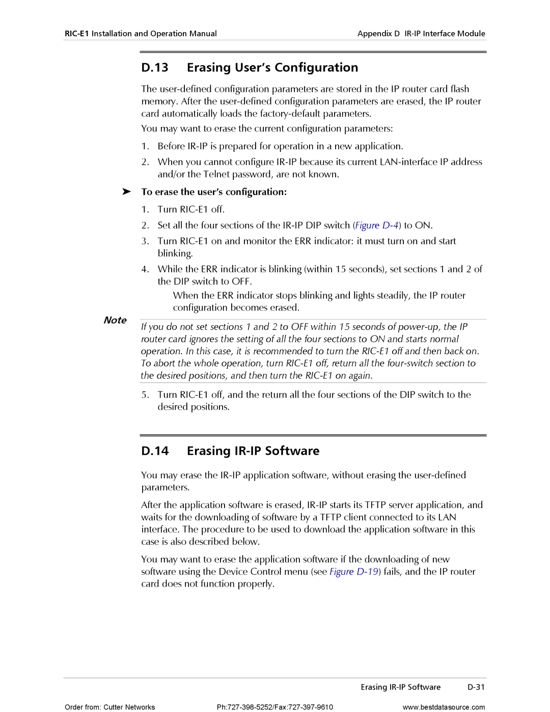 RAD Data comm RIC-E1 Erasing User’s Configuration, Erasing IR-IP Software, To erase the user’s configuration 