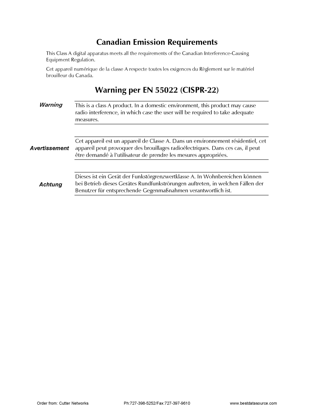 RAD Data comm RIC-E1 operation manual Canadian Emission Requirements 