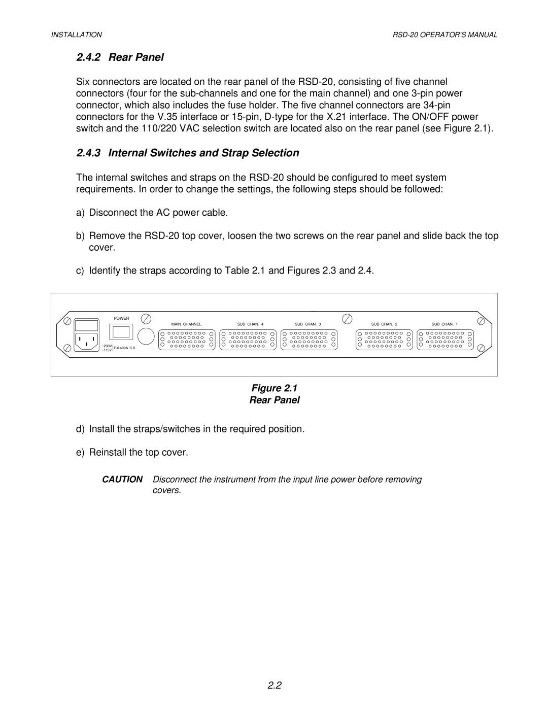 RAD Data comm RSD-20 operation manual Rear Panel, Internal Switches and Strap Selection 