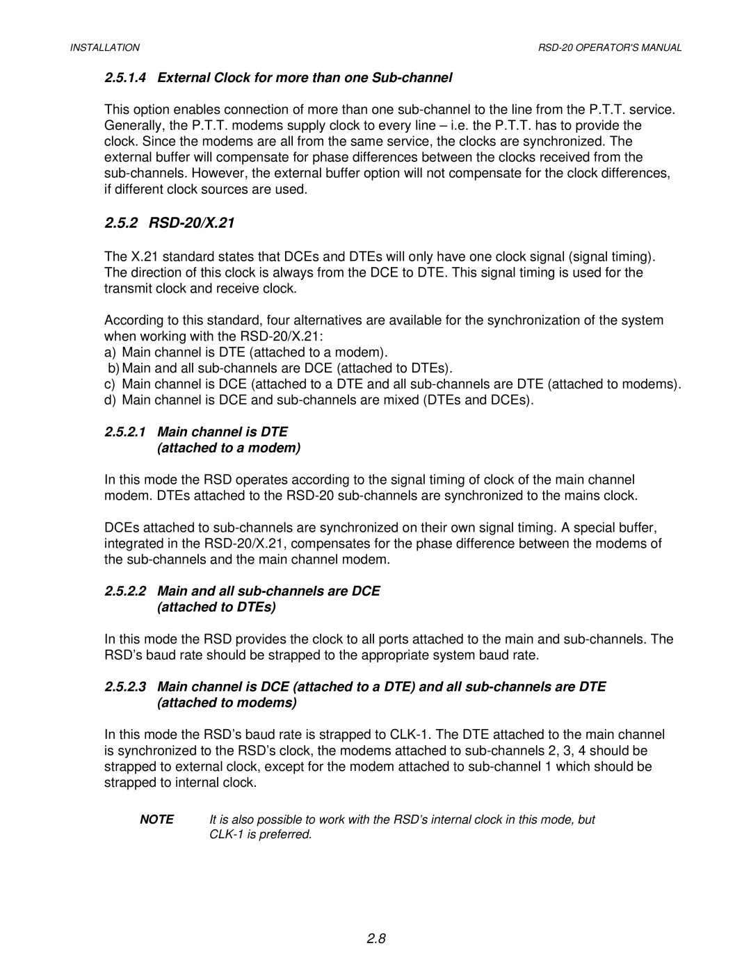 RAD Data comm RSD-20/X.21, External Clock for more than one Sub-channel, Main channel is DTE attached to a modem 