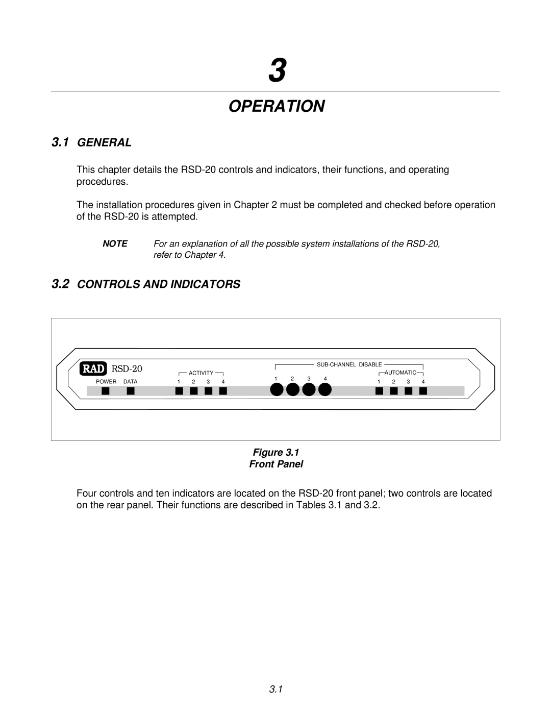 RAD Data comm RSD-20 operation manual Operation, Controls and Indicators, Front Panel 