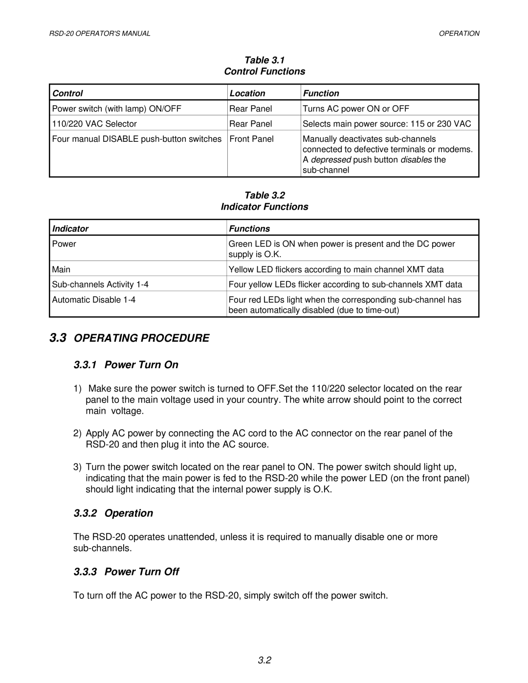 RAD Data comm RSD-20 operation manual Operating Procedure, Power Turn On, Operation, Power Turn Off 