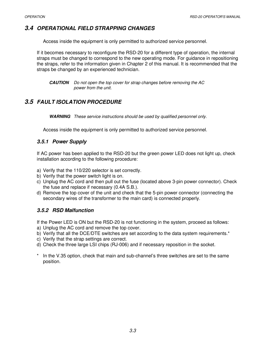 RAD Data comm RSD-20 Operational Field Strapping Changes, Fault Isolation Procedure, Power Supply, RSD Malfunction 