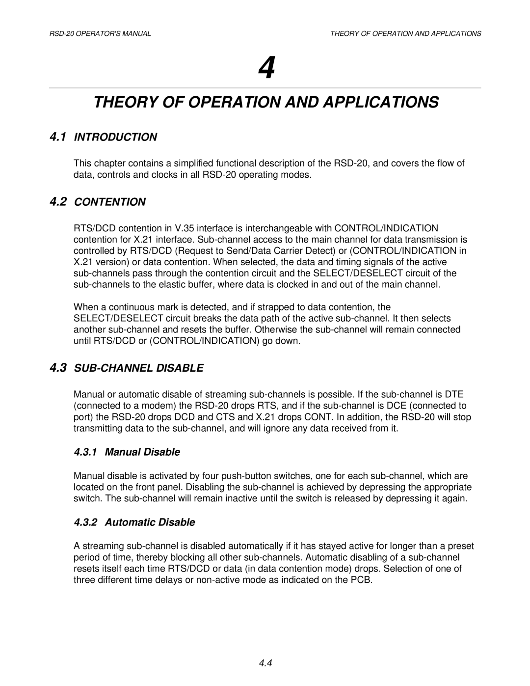 RAD Data comm RSD-20 operation manual Theory of Operation and Applications, Introduction, Contention, SUB-CHANNEL Disable 